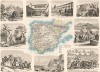 Карта Пиренейского полуострова, а также девять картушей, гравированных на стали в 1862 году, с изображениями жителей, животных и пейзажей Испании и Португалии. Illustriter Handatlas F.A.Brockhaus. л.10. Лейпциг, 1863