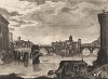 Вид на Понте Ротто (мост Эмилия) и Понте Кваттро Капи. Лист из серии "Les plus beaux édifices de Rome moderne..." Жана Барбо. 