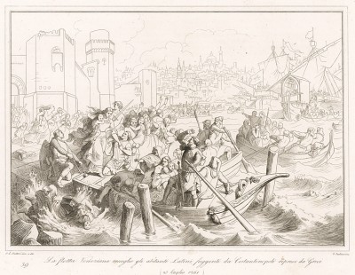 1261 год. Венецианский флот подбирает латинян, бегущих из Константинополя, отвоеванного византийцами. Storia Veneta, л.39. Венеция, 1864
