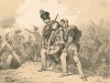 Эпизод битвы под Парижем 18-30 марта 1814 года, в котором прусские егеря несут тяжело раненного русского барабанщика, не прекращающего свою дробь (Русский художественный листок. N 9 за 1851 год)