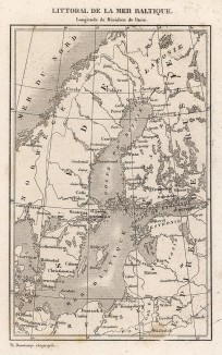 Карта побережья Балтийского моря (долгота по меридиану Парижа) (из L'Univers. Histoire et Description de tous les Peuples. Russie. Париж. 1838 год)