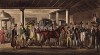 Визит в Таттерсел. Джери высказывает Тому свое мнение относительно приобретения лошади на аукционе. Акватинта Джорджа Крукшенка. Лондон, 1821