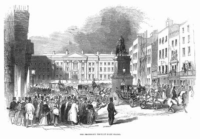Процессия митингующих участников движения рипилеров, выступавших за отмену унии 1800 года между Великобританией и Ирландией, следующая по главной транспортной артерии Дублина Дэйм-Стрит (The Illustrated London News №91 от 27/01/1844 г.)