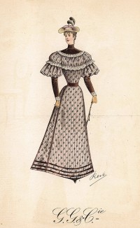 Дамское платье в цветочек с пышными рукавами, украшенными кружевом. Из французского журнала Revue de la Mode, выпуск 30, 1893 год