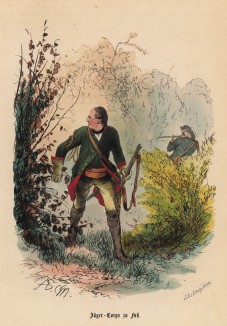 Прусские егеря в лесном бою (иллюстрация Адольфа Менцеля к известной работе Эдуарда Ланге "Солдаты Фридриха Великого", изданной в Лейпциге в 1853 году)