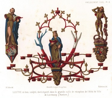 Люстра из резной древесины, изготовленная для приёмной знаменитого в XV веке отеля города Люнебурга, где шумно праздновались дни соляных копий (из Les arts somptuaires... Париж. 1858 год)