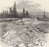 Грязевые гейзеры в Йеллоустонском национальном парке. Лист из издания "Picturesque America", т.I, Нью-Йорк, 1872.