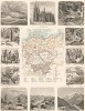Карта Германии, а также 12 картушей, гравированных на стали в 1862 году, с изображениями жителей, животных, пейзажей и памятных мест Фатерланда (вверху в центре - Кёльнский собор). Illustriter Handatlas F. A. Brockhaus. л.22. Лейпциг, 1863