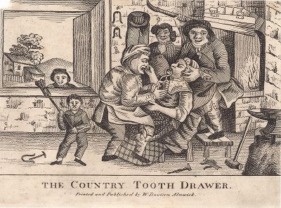 Сельский зубодёр. Кузнец, подковывающий лошадей, удаляет зуб даме, которая крепко держит его за нос. Сатирическая гравюра Роберта Дайтона.  