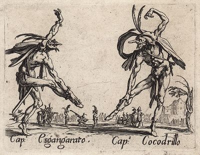 Капитан Эсгангарато и Капитан Кокодрилло. Офорт Жака Калло из серии Balli di Sfessania, 1621-22 гг. 