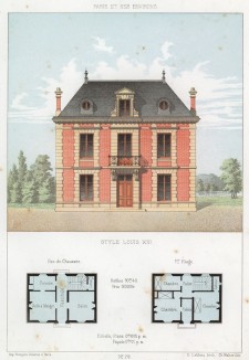 Эскиз загородного дома с мансардой в классическом стиле (из популярного у парижских архитекторов 1880-х Nouvelles maisons de campagne...)