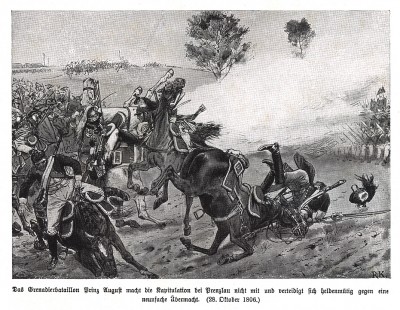 28 октября 1806 г. Гренадерский батальон принца Августа в Пренцлау перед капитуляцией остатков прусской армии оказывает сопротивление французской кавалерии. Илл. Рихарда Кнотеля, Die Deutschen Befreiungskriege 1806-15. Берлин, 1901