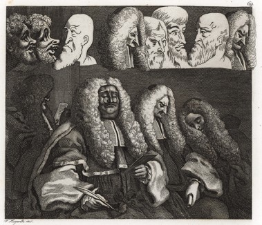 Судьи, 1758. Гравюра Хогарта, сделанная с живописного полотна, существенно отличается от картины. Хогарт, выделяя гравюру как особый вид искусства, экспериментировал с графическим средствами изображения. Геттинген, 1854