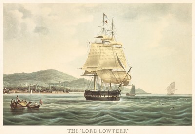 Британский парусник "Лорд Лаутер", построенный в 1825 г. Репринт середины XX века со старинной английской гравюры