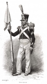 Солдат французской лёгкой пехоты в полевой форме образца 1824 года (из Types et uniformes. L'armée françáise par Éduard Detaille. Париж. 1889 год)