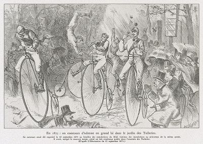 Конкурс ловкости езды на пенни-фартингах (гран-би) в саду Тюильри 19 сентября 1875 года. Les cyclisme, Париж, 1935