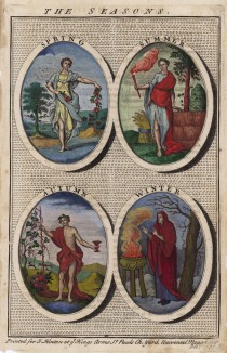 Аллегорические изображения времён года (крашенная вручную гравюра неизвестного автора из английского Universal magazin за 1744 год)