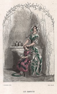 Леди Жасмин заплетает косы своей дочери. Les Fleurs Animées par J.-J Grandville. Париж, 1847