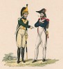 1810-е годы. Французский драгун (слева) и гренадер 94 полка линейной пехоты. Из редкой работы "Европейский военный костюм", изданной в Лондоне в разгар наполеоновских войн