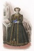 Правление Генриха II. Костюм придворной дамы: гофрированный воротник, парчовое платье и изящная драгоценная коробочка-блохоловка на цепочке.

