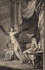 Никтимена, ставшая наложницей отца -- царя Лесбоса, превращена Афиной в сову (гравюра из первого тома знаменитой поэмы "Метаморфозы" древнеримского поэта Публия Овидия Назона. Париж, 1767 год)
