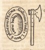 Боевой топор и щит с латинской надписью: "Gallicinus, Vindile. L. barr. il. philoterus . PR. Crax: / santus barberi"