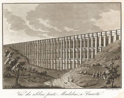 Вид на знаменитй акведук Ванвителли в Маддалони, построенный в 1762 году для снабжения водой дворца в Казерте, и считающийся чудом инженерного искусства.  Лист из "Voyage pittoresque historique et geographique de Rome à Naples", Париж, 1823.