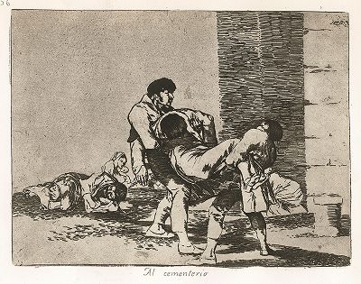 На кладбище. Лист 56 из известной серии офортов знаменитого художника и гравёра Франсиско Гойи "Бедствия войны" (Los Desastres de la Guerra). Представленные листы напечатаны в Мадриде с оригинальных досок около 1900 года. 