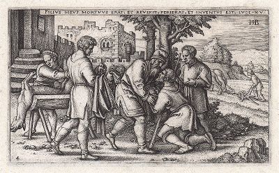 Возвращение блудного сына. Гравюра Ганса Зебальда Бехама из сюиты "Блудный сын", 1540 год.