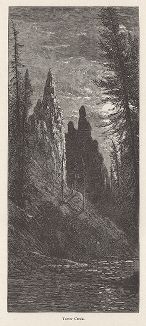 Скала Башня в Йеллоустонском национальном парке. Лист из издания "Picturesque America", т.I, Нью-Йорк, 1872.