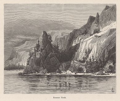Скала Рустер-рок на берегу реки Коламбиа-ривер, штат Орегон. Лист из издания "Picturesque America", т.I, Нью-Йорк, 1872.