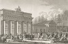 Наполеон I во главе французских войск вступает в Берлин 27 октября 1806 г. Гравюра из альбома "Военные кампании Франции времён Консульства и Империи". Campagnes des francais sous le Consulat et L'Empire. Париж, 1834