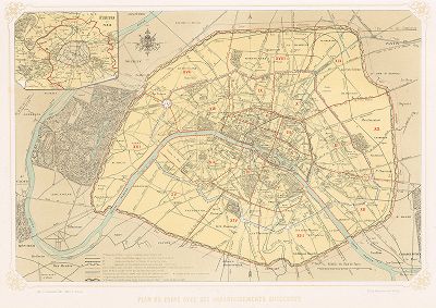 План Парижа с указанием границ города с момента основания вплоть до 1860-х годов (из работы Paris dans sa splendeur, изданной в Париже в 1860-е годы)