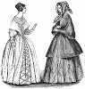 Платье из шёлка, меняющего цвет, муслиновые шемизетка и рукава (слева), длинный плащ с капюшоном, отороченный рюшами (справа) -- парижская мода, май 1844 года (The Illustrated London News №104 от 27/04/1844 г.)
