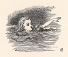 Тут она поскользнулась и -- бух! -- шлепнулась в воду. Вода была солёная на вкус и доходила ей до подбородка (иллюстрация Джона Тенниела к книге Льюиса Кэрролла «Алиса в Стране Чудес», выпущенной в Лондоне в 1870 году)