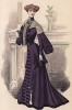 Фиолетовое платье, украшенное шитьём, кружевами и воротником на стойке. Les grandes modes de Paris, ноябрь 1903 г.