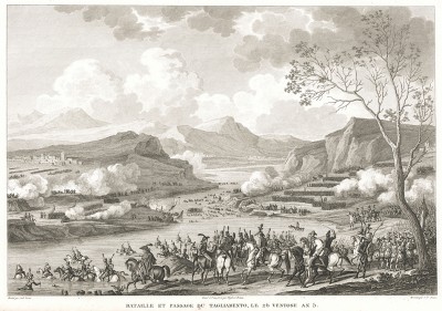 Сражение при форсировании реки Тальяменто 16 марта 1797 года. Гравюра из альбома "Военные кампании Франции времён Консульства и Империи". Campagnes des francais sous le Consulat et L'Empire. Париж, 1834