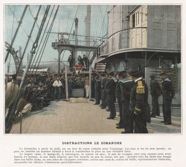 Упражнения на турнике на борту французского военного корабля. L'Album militaire. Livraison №9. Marine. La vie à bord. Париж, 1890