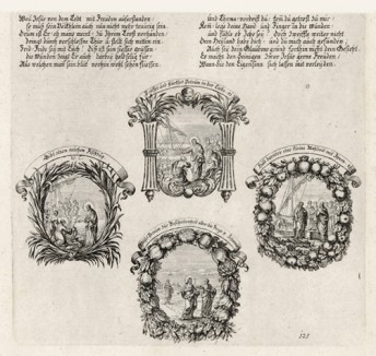Четыре сцены из Евангелия от Иоанна (из Biblisches Engel- und Kunstwerk -- шедевра германского барокко. Гравировал неподражаемый Иоганн Ульрих Краусс в Аугсбурге в 1700 году)