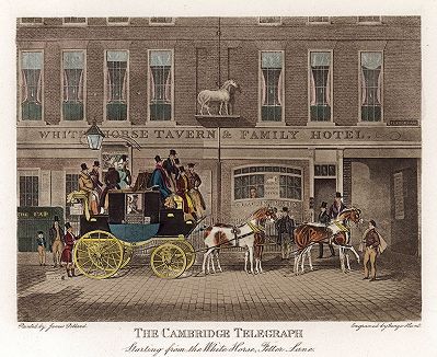 Отправление дилижанса от таверны «Белая лошадь» в Кембридже. Репринт 1927 года с акватинты 1830-х годов. 