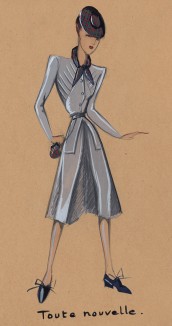 Приталенное, с накладными карманами платье стального цвета Toute Nouvelle, дополненное пёстрым шарфиком и такой же сумочкой-кошельком из коллекции осень-зима 1942-43 года парижского дизайнера Мари-Луиз Брюйер (собственноручная гуашь автора)