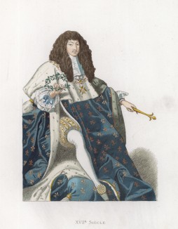 Портрет короля Франции Людовика XIV в молодости (лист 107 работы Жоржа Дюплесси "Исторический костюм XVI -- XVIII веков", роскошно изданной в Париже в 1867 году)