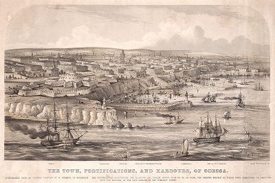 Вид на Одессу, порты и фортификационные сооружения. Литография, изданная во время Крымской войны, Лондон, 1854 год. 