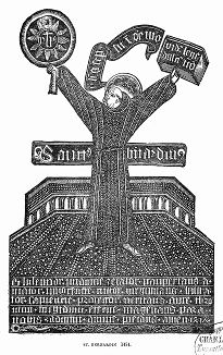 Бернардин Сиенский (1380 -- 1444 гг.) -- католический святой, францисканский миссионер и итальянский священник, изображённый на старинной гравюре 1454 года германского мастера (The Illustrated London News №103 от 20/04/1844 г.)