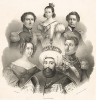 1.Королева Испании Изабелла II (1830-1904). 2.Король Швеции Карл XIV (1763-1844). 3.Король Греции Оттон I (1815-67). 4.Королева Португалии Донна Мария да Глория II (1819-53). 5.Король Обеих Сицилий Фердинанд II (1810-59). 6.Турецкий султан Махмуд II