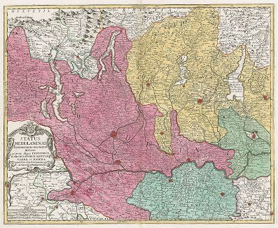 Карта Северной Италии. Status Mediolanensis in principales suas partes divisas quarum aliquæ Venetorum aliæ ducatorum Mantuæ, Parmæ et Modena.