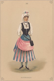 Маскарадный костюм "Нормандка". Лист из издания "Fancy Dresses Described; Or, What to Wear at Fancy Balls", Лондон, 1887 год