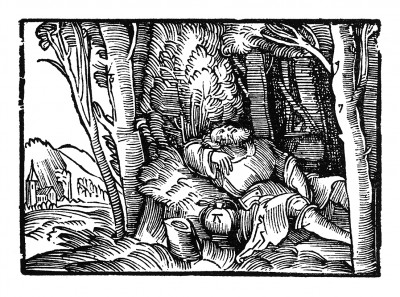 Ночевка в лесу. Из "Жития Святого Христофора" (S. Christops Geburt und Leben) неизвестного немецкого мастера. Издал Johann Weyssenburger, Ландсхут, 1520. 