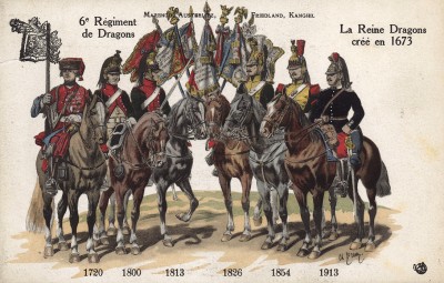 1720-1913 гг. Мундиры и знамена 6-го драгунского полка французской армии, сформированного в 1673 г. и сражавшегося при Маренго, Аустерлице, Фридланде и Кангиле. Коллекция Роберта фон Арнольди. Германия, 1911-29