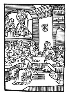 Изгнание Святым Вольфгангом недостойных монахов. Из "Жития Святого Вольфганга" (Das Leben S. Wolfgangs) неизвестного немецкого мастера. Издал Johann Weyssenburger, Ландсхут, 1515